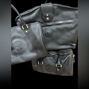 RARE Vintage Gianni Versace Black on Black Leather Medusa Travel / duffle Bag